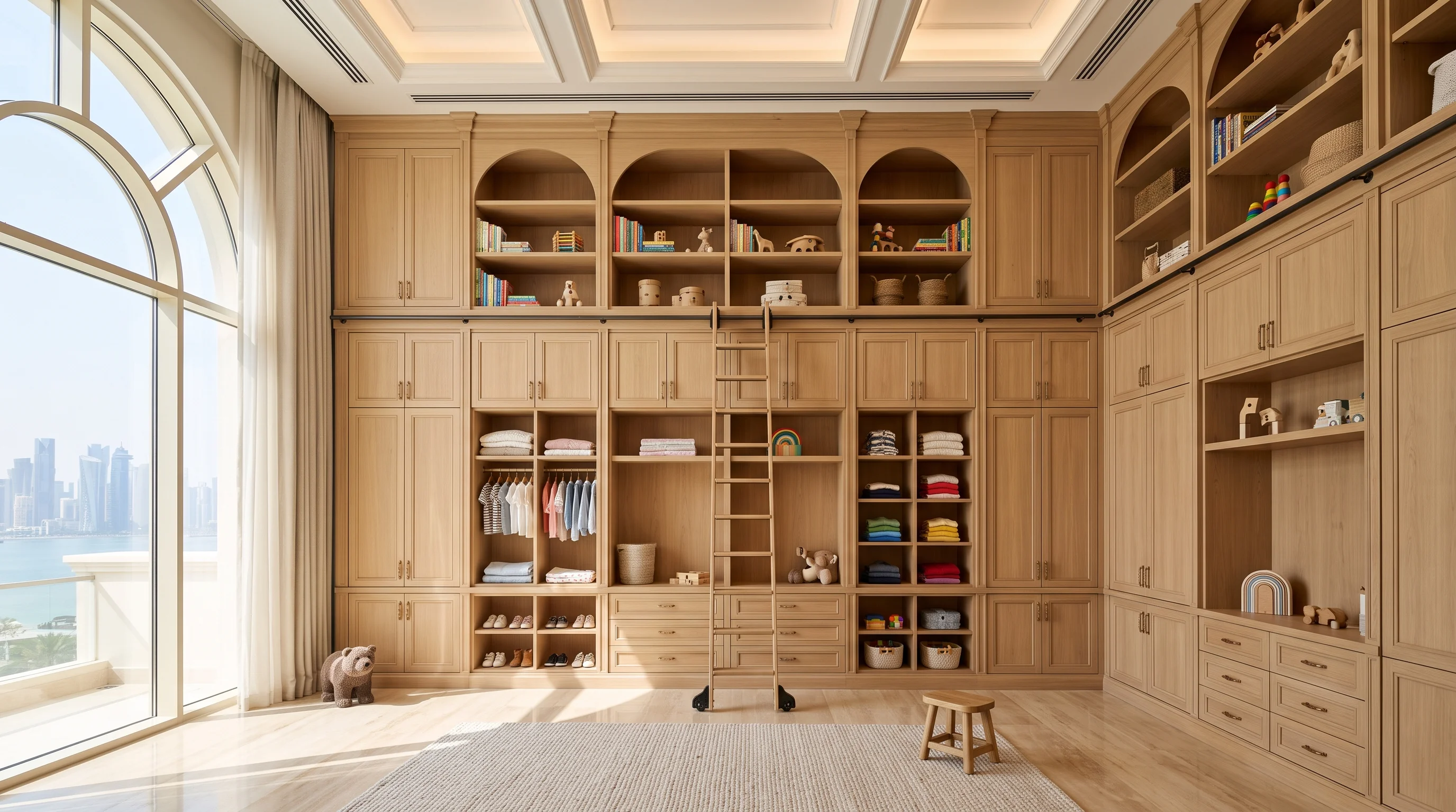 Walk-in nursery wardrobe with organized compartmentalized dividers in West Bay